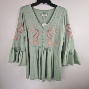 Cupio Women's Blouse Mint Floral Bell Sleeve M Embroidered Ruffled Boho Festival